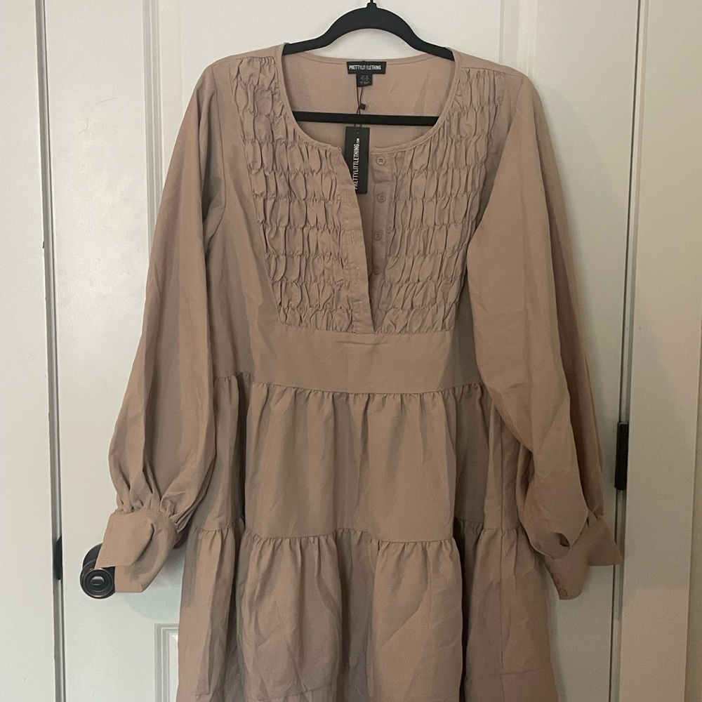 PrettyLittleThing Tan (Stone) Long Sleeve Dress with Smocked Details